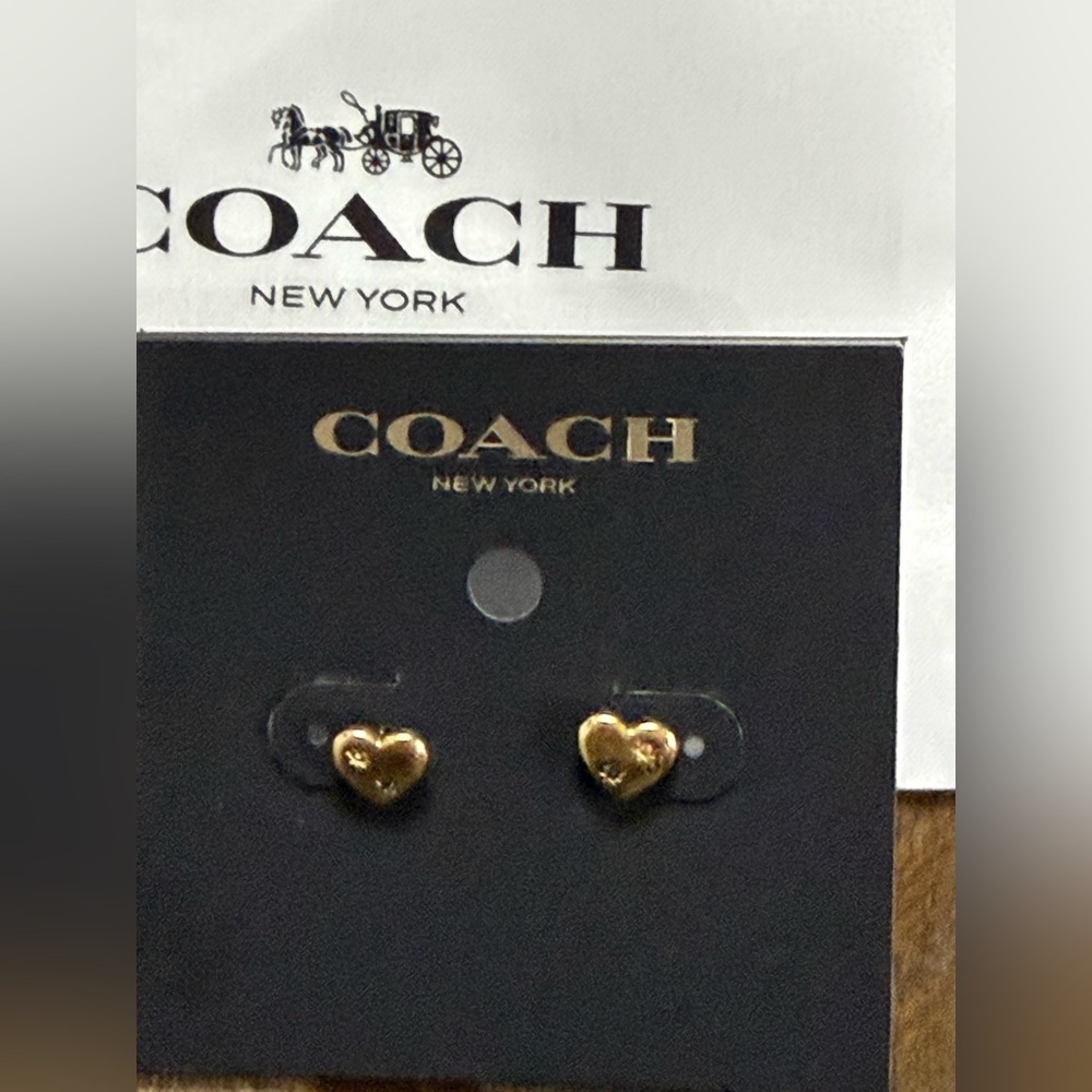 Coach Gold Tone Heart Stud Earrings NWT - Picture 2 of 3